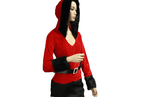 Christmas Costume Long Sleeve V-Collar Black Velour Santa Dress - Click Image to Close